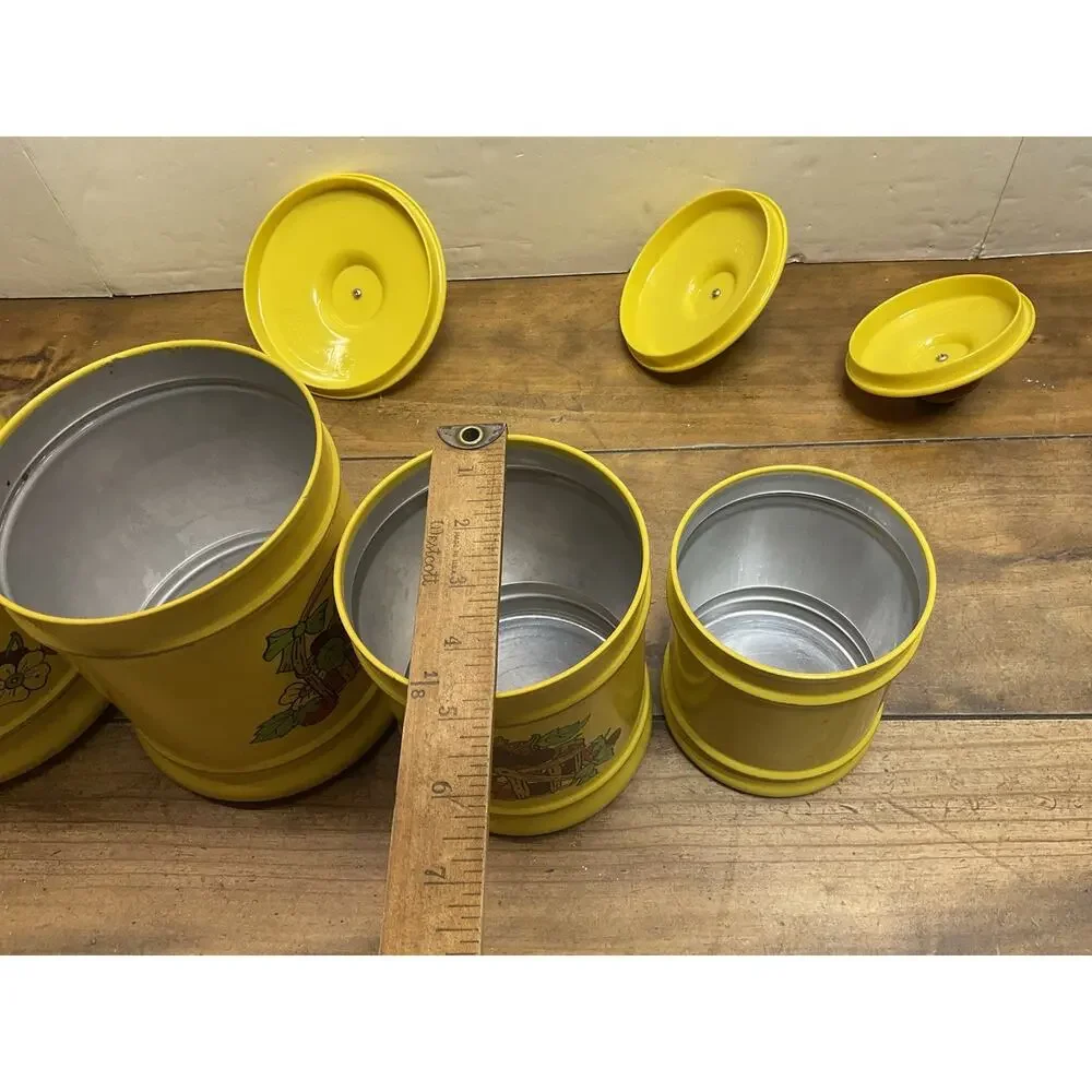 Vtg 70s Kromex Yellow Fruit Basket Aluminum Kitchen Canister Set